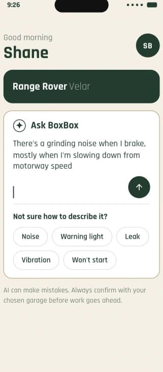 The Ask BoxBox screen with a described braking symptom and prompts for noise, warning light, leak, vibration.