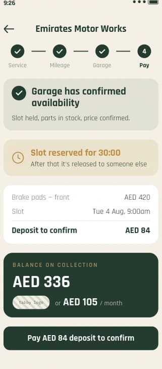 A confirmed BoxBox booking showing parts in stock, a reserved slot, a deposit and the balance due on collection.