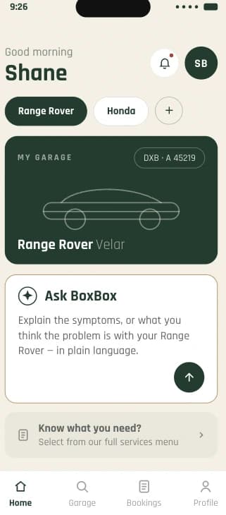 BoxBox home screen showing a saved Range Rover Velar and an Ask BoxBox prompt.