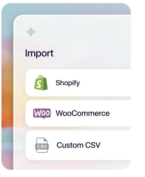 The Flyfox import panel offering Shopify, WooCommerce and Custom CSV as catalog sources.